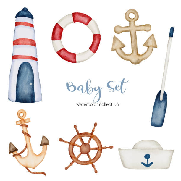 Set of beautiful separate parts of clothes, baby items and toy in water colors vector art illustration