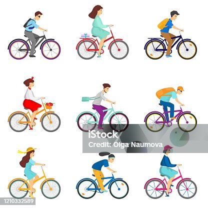 istock Set of bicycle cyclists riding bikes isolated on white background 1210332589