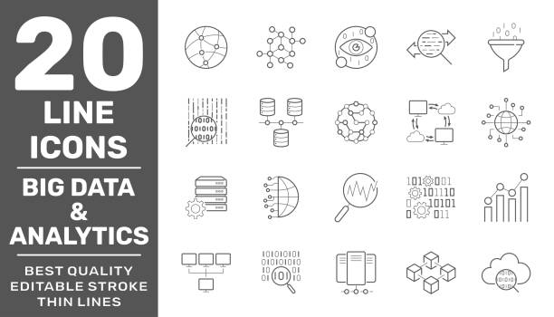 Set of big data and data analytics icon set. Related technology vector line Icons. Contains such Icons as Cloud Computing, Traffic Analysis, Big Data, IoT and more. Editable Stroke. EPS 10 vector art illustration