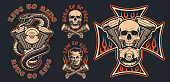 Set of  biker emblems on a dark background. These vector illustrations are perfect for apparel designs, logos, and many other uses.