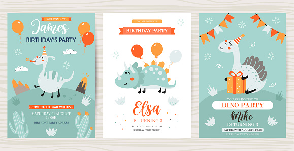 Set of Birthday cards with dinosaurs.