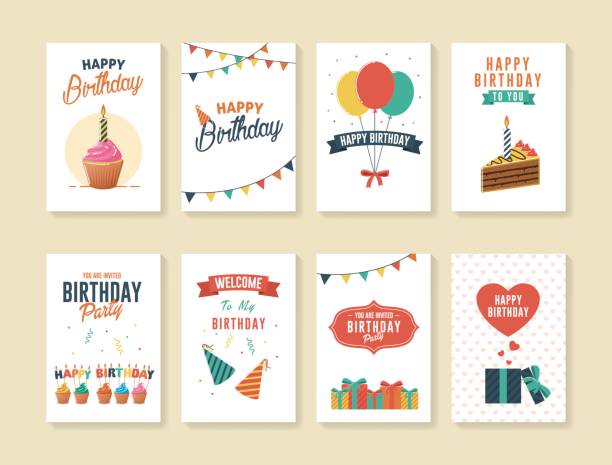 Set of Birthday Greeting and Invitation Cards Birthday greeting and invitation cards. White Background. anniversary designs stock illustrations
