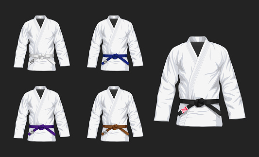 Set of BJJ White Gis with different belts flat vector illustration. Kimono with all belts vector illustration in flat style.