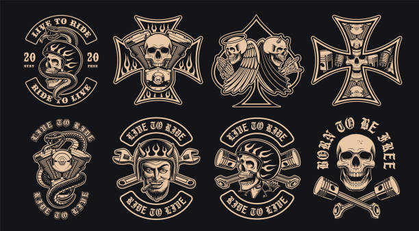 Set of black and white biker emblems on a dark background. Set of black and white biker emblems on a dark background. These vector illustrations are perfect for apparel designs, logos, and many other uses. skull logo stock illustrations