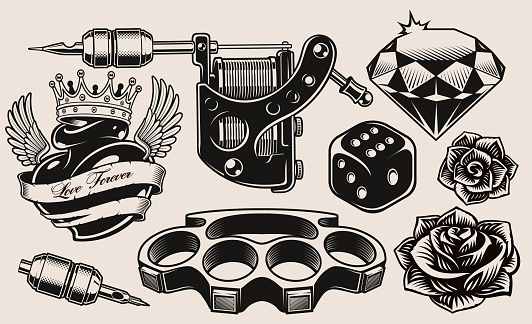 A set of black and white illustration for tattoo theme