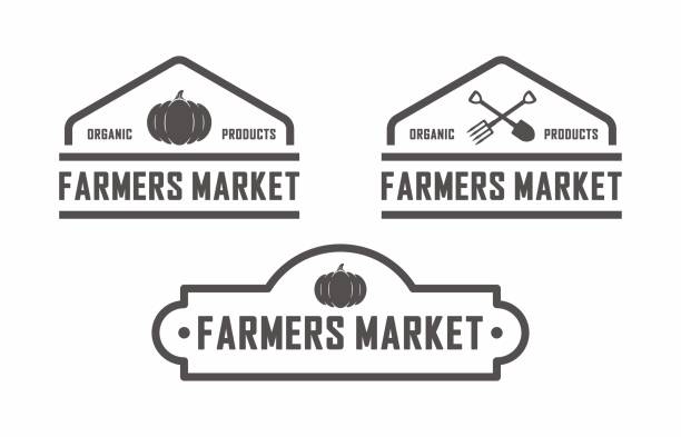 Set of black and white illustrations of pumpkin, crossed pitchfork and shovel, text on a white background. Vector illustration advertises farm food. Text logo farm market. farmers market stock illustrations