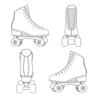 Set of black and white images with rollers, roller quads. Isolated vector objects on a white background.