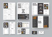 Set of black and white vector menu for restaurant with orange design elements. Templates are standard A4 size, voucher, business card, tri-fold and DL flyers.