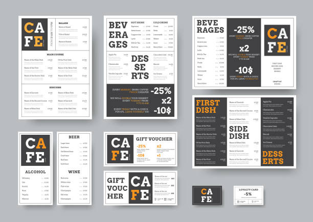Set of black and white vector menu for restaurant with orange design elements. vector art illustration