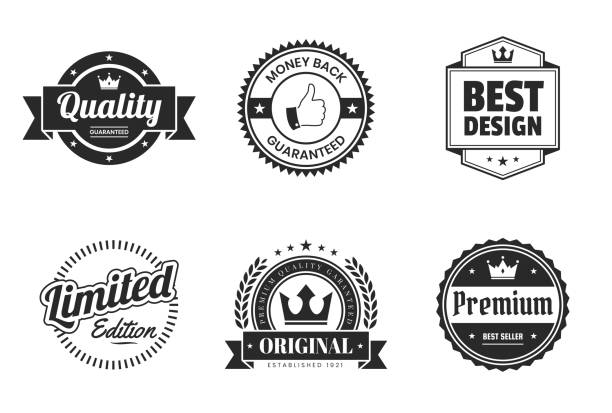 Set of 6 Black badges and labels, isolated on white background (Quality - Guaranteed, Money Back Guaranteed, Best Design, Limited Edition, Original - Premium Quality Guaranteed, Premium - Best Seller). Elements for your design, with space for your text. Vector Illustration (EPS10, well layered and grouped). Easy to edit, manipulate, resize or colorize.