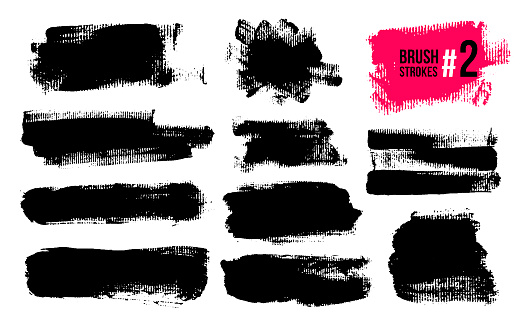 Set Of Black Brush Strokes, Paint, Ink, Grunge, Brushes, Lines. Dirty Artistic Elements, Boxes, Frames. Freehand Drawing. Vector Illustration. Isolated On White Background.