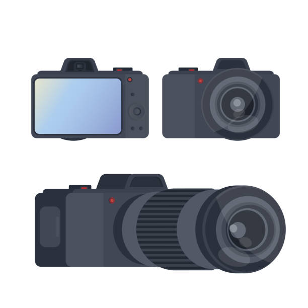 Set of black camera. Large screen camera isolated on a white background. Foreground and background. Vector. Vector illustration for your design dslr camera stock illustrations