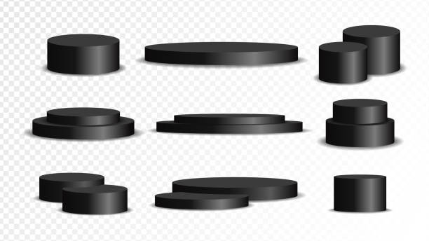 Set of black circle base. Collection of podium stand isolated on transparent background. Stage empty for decor product, advertising, show, contest, award, winner. Platform studio. Vector illustration. Set of black circle base. Collection of podium stand isolated on transparent background. Stage empty for decor product, advertising, show, contest, award, winner. Platform studio. Vector illustration. pedestal stock illustrations