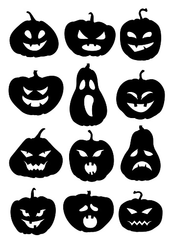 ✓ Imagen de Iconos de calabazas. Conjunto de silueta de calabaza de  halloween vector aislado en blanco Fotografía de Stock