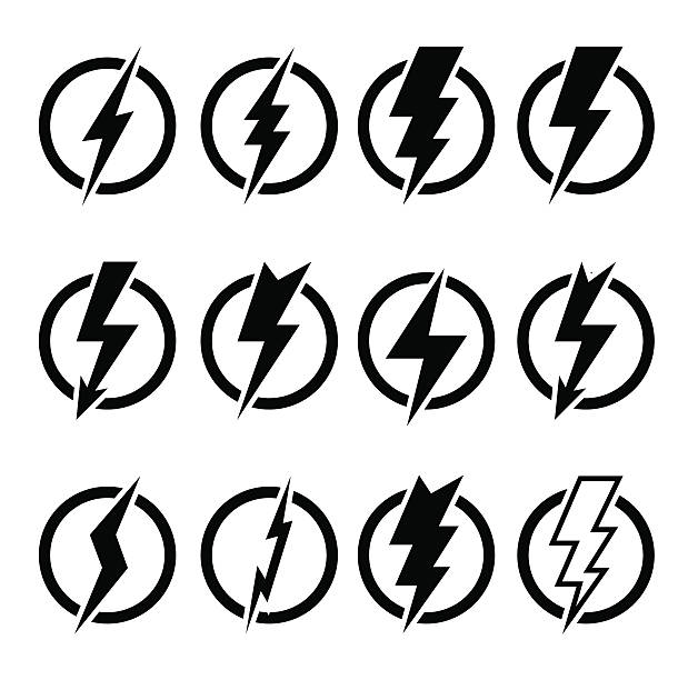 Set of black lightning bolts and signs Set of black lightning bolts and signs of different shapes inscribed in black circles and isolated on white background. Can be used for logos, icons, signs, print products, web decor or other design. lightning icons stock illustrations