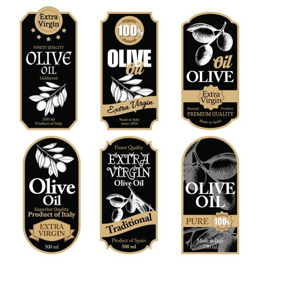 ilustrações de stock, clip art, desenhos animados e ícones de set of black olive oil labels with hand drawn details - emblem food label