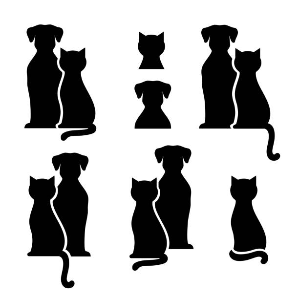 Set of black pets silhouettes Set of black isolated dog and cat silhouette on white background dog symbols stock illustrations