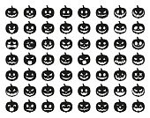 Set of black Pumpkins on white background. The main symbol of the holiday Happy Halloween. Black pumpkins with smile for the holiday Halloween. Vector illustration.