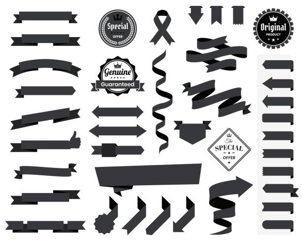Set of Black ribbons, banners, badges and labels, isolated on a blank background. Elements for your design, with space for your text. Vector Illustration (EPS10, well layered and grouped). Easy to edit, manipulate, resize or colorize.