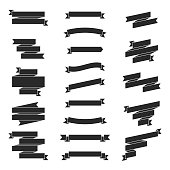 Set of Black ribbons and banners, isolated on a blank background. Elements for your design, with space for your text. Vector Illustration (EPS10, well layered and grouped). Easy to edit, manipulate, resize or colorize.