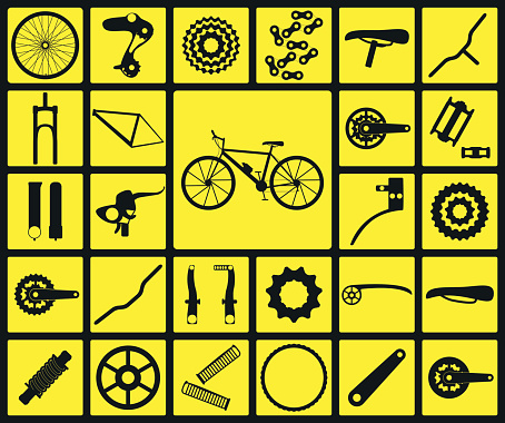 Set of black silhouette icons of bicycle spare parts.