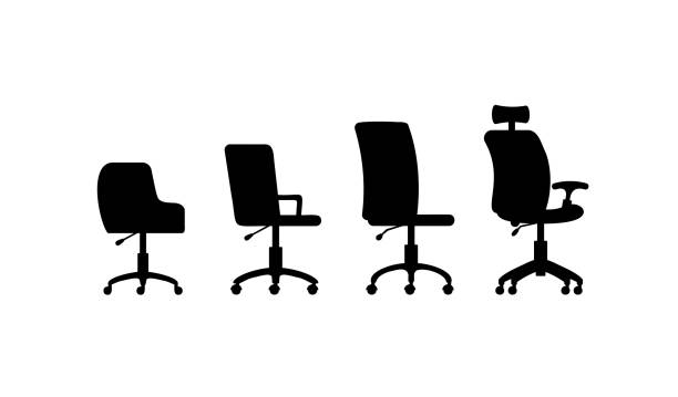 A set of black silhouettes of office chairs on wheels a vector illustrations. A set of black silhouettes of office chairs on wheels. Modern furniture for business workplace. Vector illustrations isolated on a white. office silhouettes stock illustrations