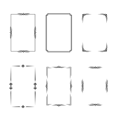 Set of black vintage vertical borders in silent film or art deco style isolated on white backgrounds. Vector retro design elements.