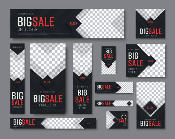 set of black web banners of standard sizes for sale with a place for photos set of vector  black web banners of standard sizes for sale with a place for photos. Vertical and horizontal templates with arrows and a diamond-shaped button. promo buttons stock illustrations