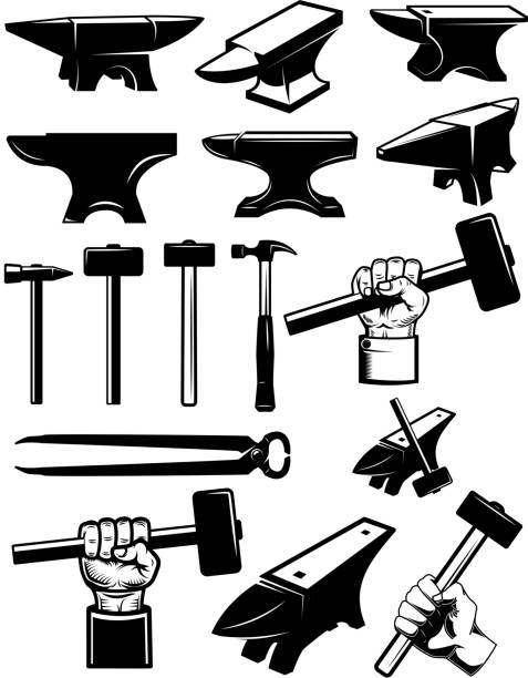 Set of blacksmith design elements. Anvil, hammers, blacksmith tools. For label, sign, badge. Set of blacksmith design elements. Anvil, hammers, blacksmith tools. For label, sign, badge. Vector illustration blacksmith stock illustrations