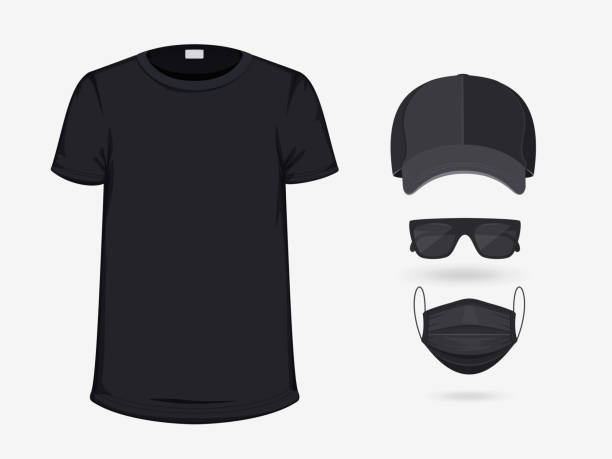 Set of Blank Black T-Shirt, Baseball Cap, Surgical Mask and Sunglasses Isolated on White Background. Mockup for Branding and Advertising Your Company. Black Clothes. Front View. Vector Illustration  baseball uniform stock illustrations