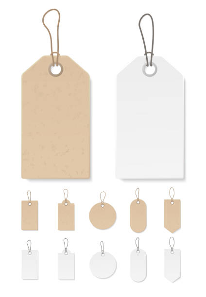 Set of blank gift box tags or sale shopping labels with rope. White paper and brown craft realistic material. Empty organic style stickers. Vector. Set of blank gift box tags or sale shopping labels with rope. White paper and brown kraft realistic material. Empty organic style stickers. Flat design isolated vector. label stock illustrations