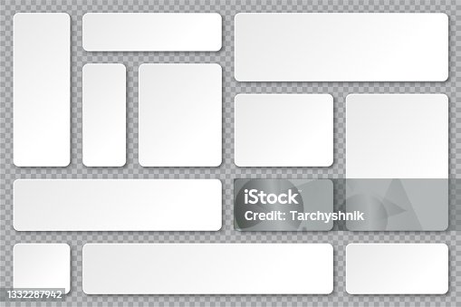 istock Set of blank paper banners with shadows on transparent background. Adhesive stickers, labels with rounded corners. Vector illustration 1332287942