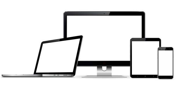 ilustraciones, imágenes clip art, dibujos animados e iconos de stock de conjunto de pantallas en blanco con monitor de computadora, computadora portátil, tableta y teléfono inteligente - herramientas profesionales