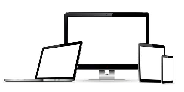 stockillustraties, clipart, cartoons en iconen met set lege schermen met computer monitor, laptop, tablet en smartphone - bewakingsapparatuur
