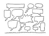 Hand-drawn vector drawing of a Set Of Blank Speech Bubbles. Black-and-White sketch on a transparent background (.eps-file). Included files are EPS (v10) and Hi-Res JPG.