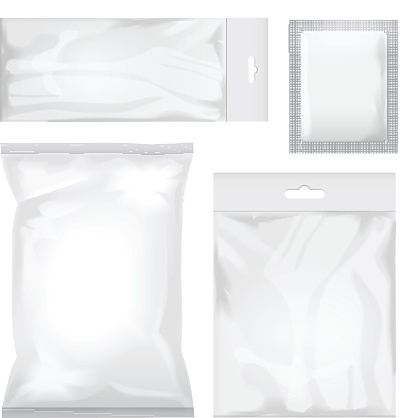 Set of blank white and transparent foil bag packaging for food, snack, coffee, cocoa, sweets, crackers, chips, nuts, sugar. Vector plastic pack mock up
