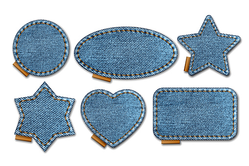 Set of blue denim patches with stitches. Light blue denim. Patches of different shapes as rectangle, circle, star, heart, oval. Vector realistic illustration on white background.