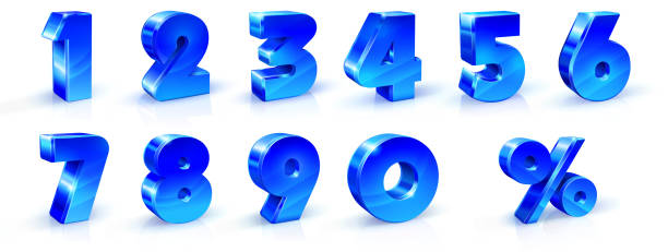 파란색의 집합 번호 1, 2, 3, 4, 5, 6, 7, 8, 9, 0 및 % 기호. 3d 그림입니다. 배너 광고에 사용 하기에 적합, 포스터 전단지 판촉 상품 계절 할인 검은 금요일 이자율 - 금융 수치 stock illustrations