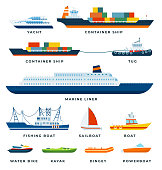 Set of Boats, Ship, Yacht, Sail flat vector illustration on white.