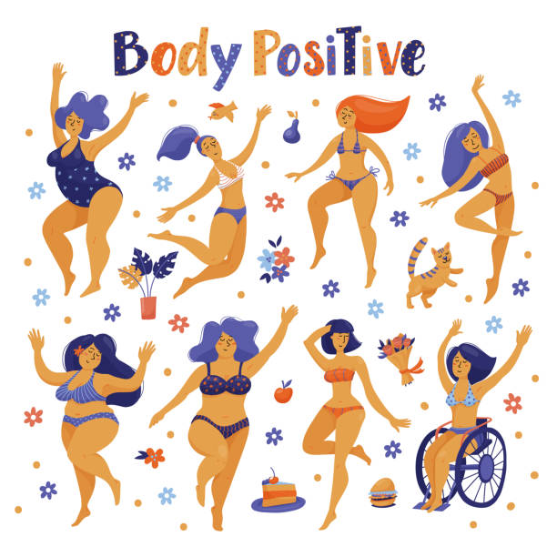 Set of body positive happy women dancing in bikini Set of happy slim and plus size women in bikini, swimming suits dancing, flat vector illustration isolated on white background. Body positive, girl power concept - set of various happy women, girls positive body image stock illustrations