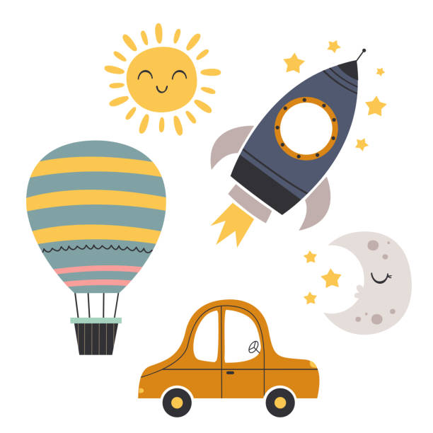 satz von böhmischen baby-ikonen mit transport, mond, sonne - lustige autos stock-grafiken, -clipart, -cartoons und -symbole