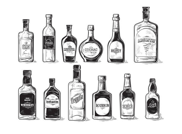 satz von flaschen für alkohol - flasche stock-grafiken, -clipart, -cartoons und -symbole