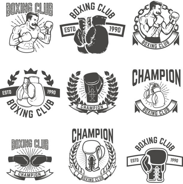 拳擊俱樂部標籤的集合。標籤、 會徽、 標誌的設 計項目。向量圖 - 拳擊 運動 幅插畫檔、美工圖案、卡通及圖標