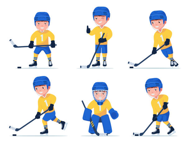 Set of boy hockey player playing with a stick Set of boy hockey player playing with a stick and puck in different poses. Child plays professional hockey in a variety of poses. Vector illustration isolated on white, flat style. hockey goalie stick stock illustrations