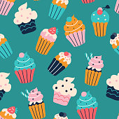 A set of bright colorful cupcakes in the style of flat doodles. Vector seamless pattern. Wallpaper, packaging paper design, fabrics.