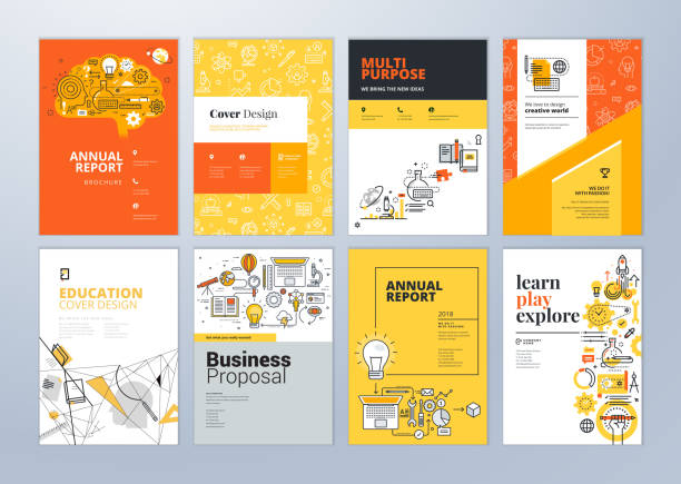 Set of brochure design templates on the subject of education, school, online learning. Vector illustrations for flyer layout, marketing material, annual report cover, presentation template. poster icons stock illustrations