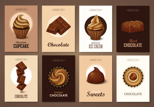 Set of brochures with chocolate sweets Set of brochures with chocolate sweets. Vector templates. Backgrounds with chocolate, cupcakes and candies. chocolate icons stock illustrations