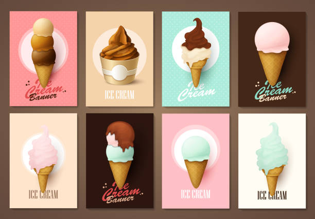 illustrazioni stock, clip art, cartoni animati e icone di tendenza di set di brochure con gelato - ice cream
