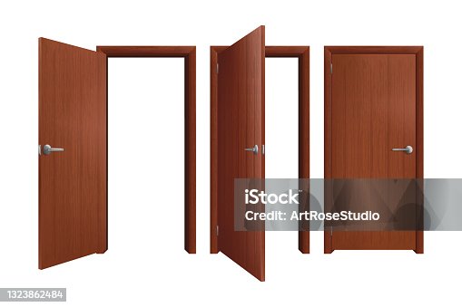 istock Set of Brown Wooden Doors on white background, realistic vector illustration 1323862484