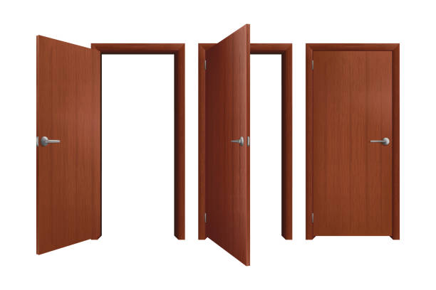 ilustraciones, imágenes clip art, dibujos animados e iconos de stock de conjunto de puertas de madera marrón sobre fondo blanco, ilustración vectorial realista - door